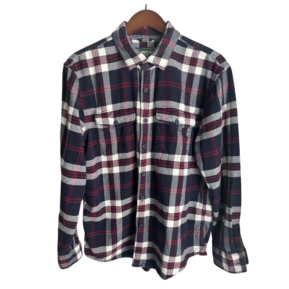 American Eagle Flannel Mens Large Red Navy Plaid Long Sleeve Button Up Shirt